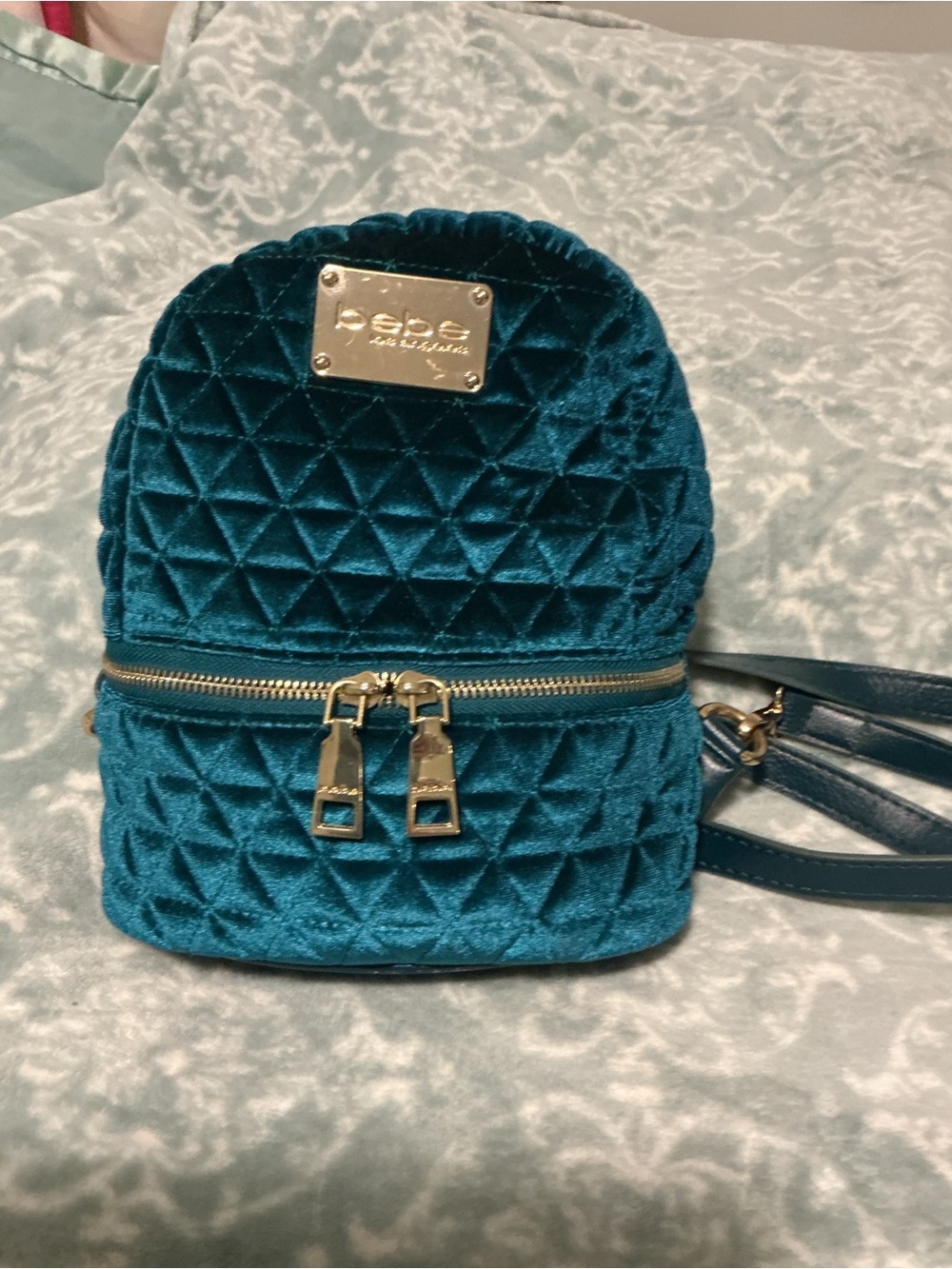 Bebe Teal Quilted Velvet Mini Backpack Purse